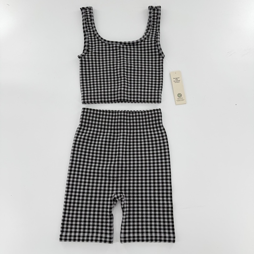 No Boundaries Gingham Short Set Modern Womens XXS Black Soot Checkered Crop Top